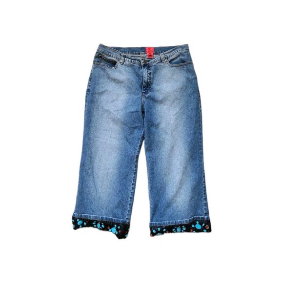 V Cristina Denim - V Cristina High Rise Med Wash Beaded Capri Jeans Boho Petite Womens P12 GUC